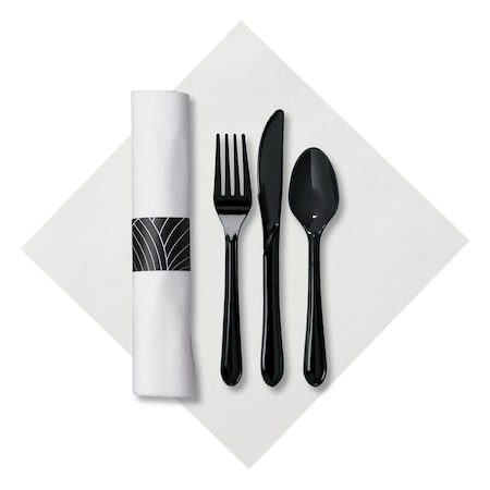 Caterwrap 8.5" Pre-rolled White Dinner Napkins with Black Cutlery 200 PK 119990